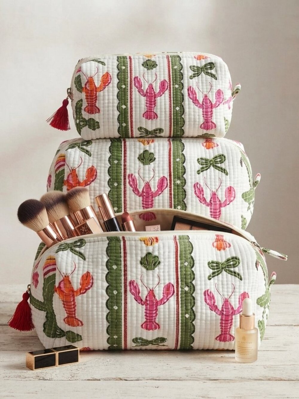Set Of 3 Block Print Toiletry Bags, Cotton Makeup Bag, Cosmetic Bag Set Gift